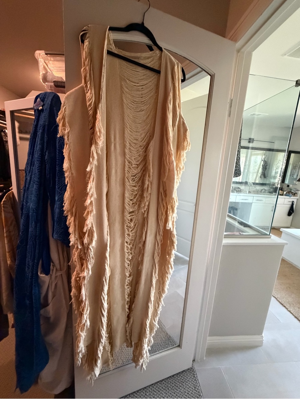 Fringed Open Front floor length Duster Vest in Cream